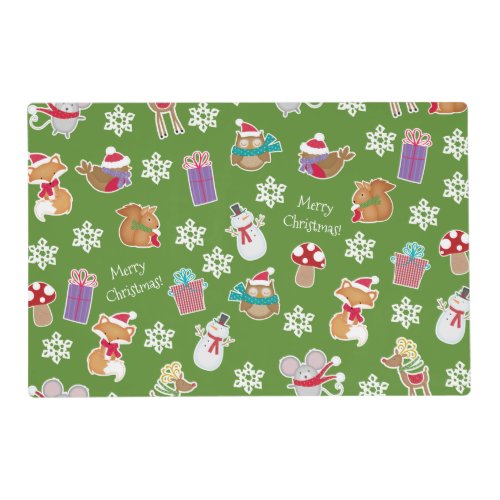 Woodland Animal Pattern Green Merry Christmas Placemat