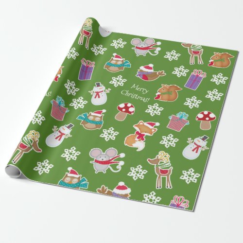 Woodland Animal Pattern Green  Merry Christmas Wrapping Paper