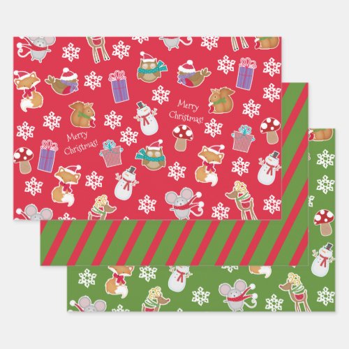Woodland Animal Pattern Red Green Merry Christmas Wrapping Paper Sheets