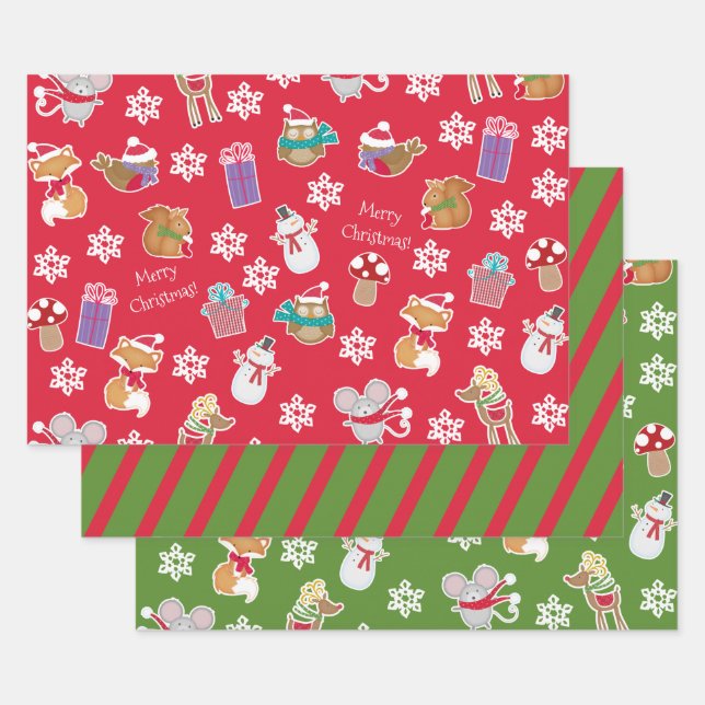 Woodland Animal Pattern Red Green Merry Christmas Wrapping Paper Sheets (Set)