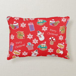 Woodland Animal Pattern Red Merry Christmas Accent Pillow
