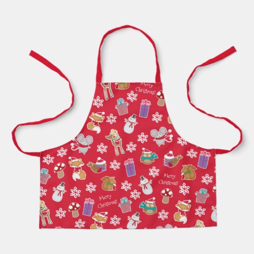 Woodland Animal Pattern Red Merry Christmas Apron