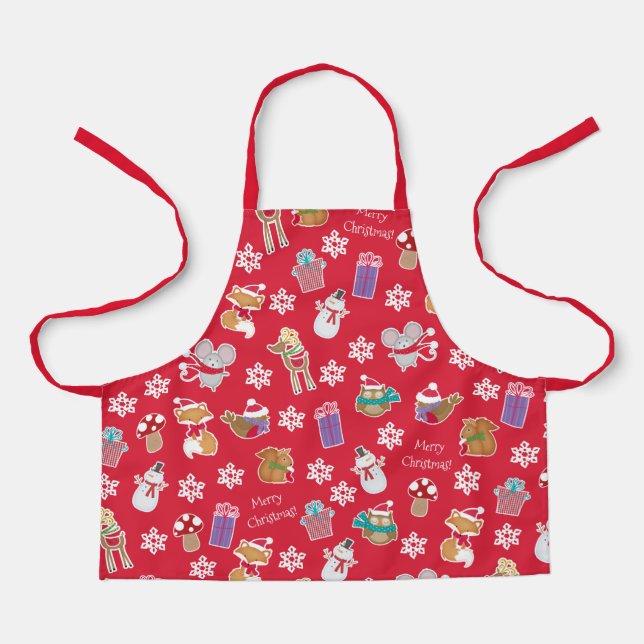 Woodland Animal Pattern Red Merry Christmas Apron (Front)
