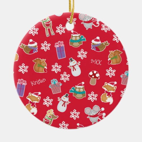 Woodland Animal Pattern Red Merry Christmas Ceramic Ornament