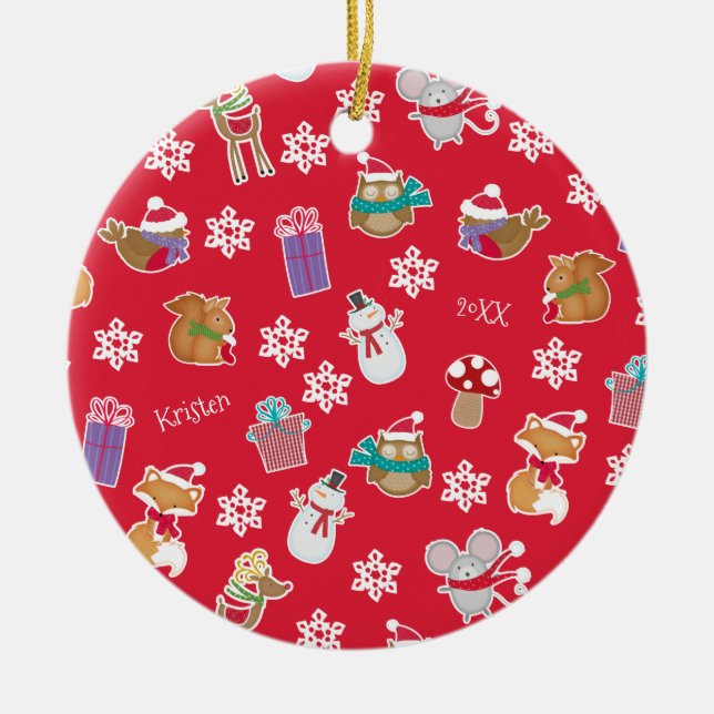 Woodland Animal Pattern Red Merry Christmas Ceramic Ornament (Front)