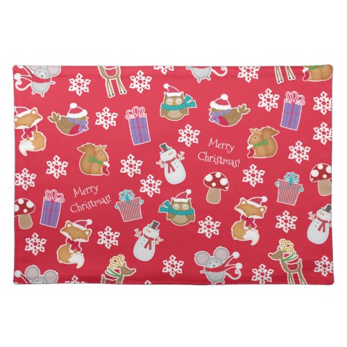 Woodland Animal Pattern Red Merry Christmas Cloth Placemat