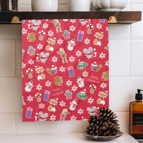 Woodland Animal Pattern Red Merry Christmas Kitchen Towel