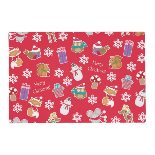Woodland Animal Pattern Red Merry Christmas Placemat