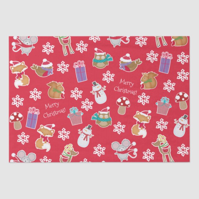 Woodland Animal Pattern Red Merry Christmas Tissue Paper (Front)