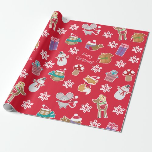 Woodland Animal Pattern Red Merry Christmas Wrapping Paper