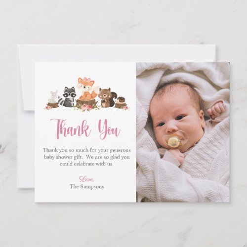 Woodland Animal Pink Pastel Floral Baby Shower Thank You Card