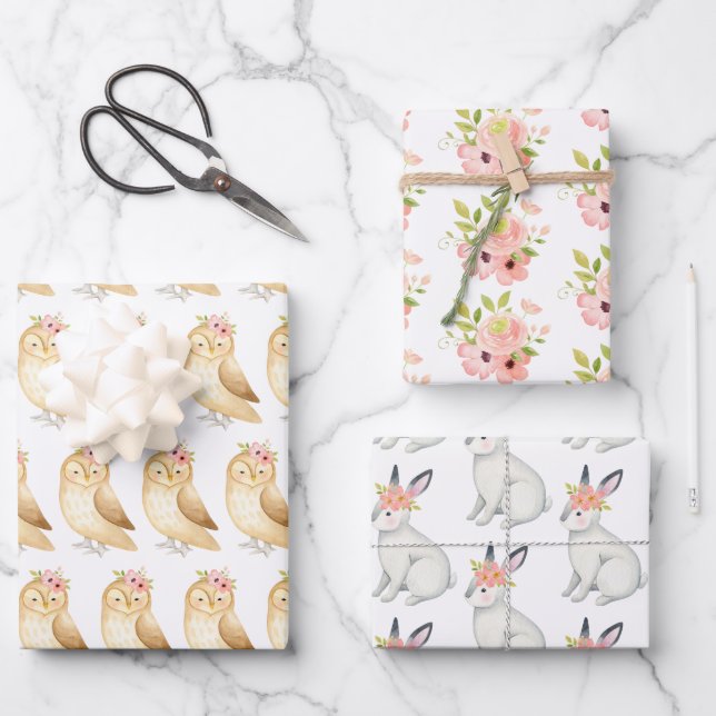 Woodland Animal Prints Pink Florals Wrapping Paper Sheets (Front)