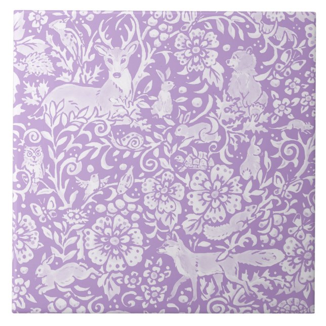 Woodland Animal Purple Deer Fox Rabbit Nature Ceramic Tile (Front)