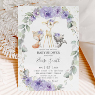 Woodland Animal Purple Floral Greenery Baby Shower Invitation
