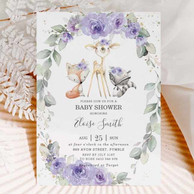 Woodland Animal Purple Floral Greenery Baby Shower Invitation (Creator Uploaded)