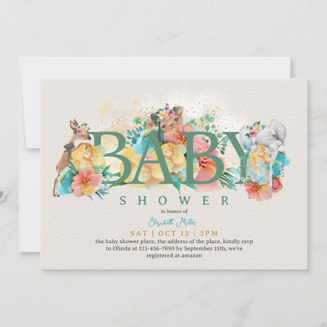Woodland Animal Rustic Floral Baby Girl Shower Invitation (Front)