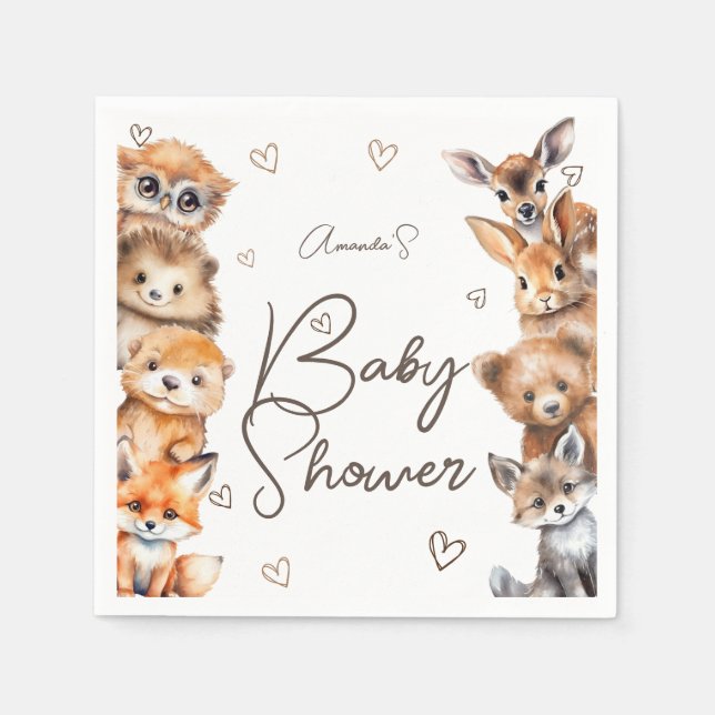 Woodland Animal Theme Baby Shower Invitation Napkins (Front)