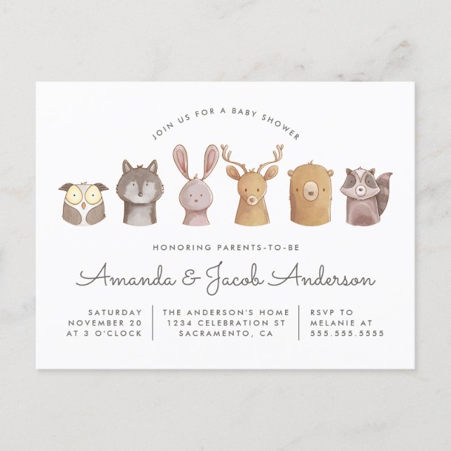 Woodland Animal Themed Baby Shower Invitation Postcard (Front)