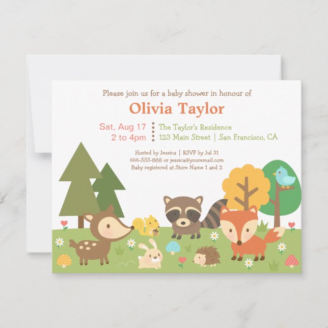 Woodland Animal Themed Baby Shower Invitations (Front)
