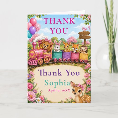 Woodland Animal Train Birthday Thank You Card