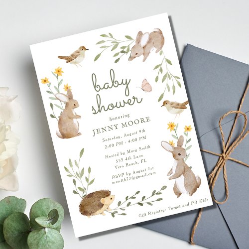 Woodland Animal Watercolor Baby Shower Party Invitation