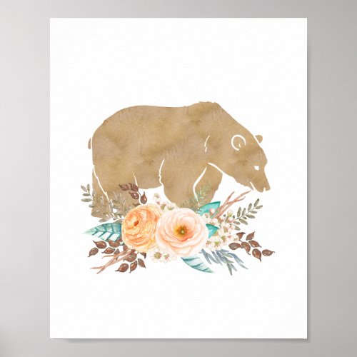 Woodland Animal Watercolor Bear Nursery Floral Art Poster