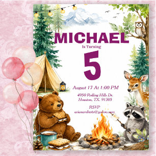 Woodland Animal Watercolor Camping Birthday Party Invitation