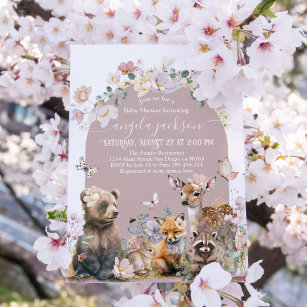 Woodland animal watercolor floral girl Baby Shower Invitation
