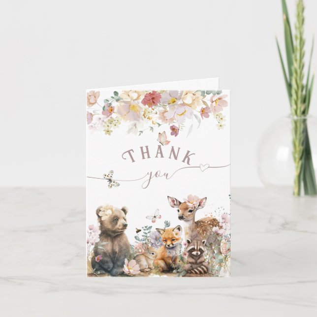 Woodland animal watercolor floral girl Baby Shower Thank You Card (Front)