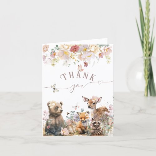 Woodland animal watercolor floral girl Baby Shower Thank You Card