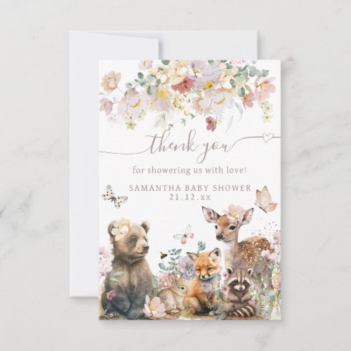Woodland animal watercolor floral girl Baby Shower Thank You Card