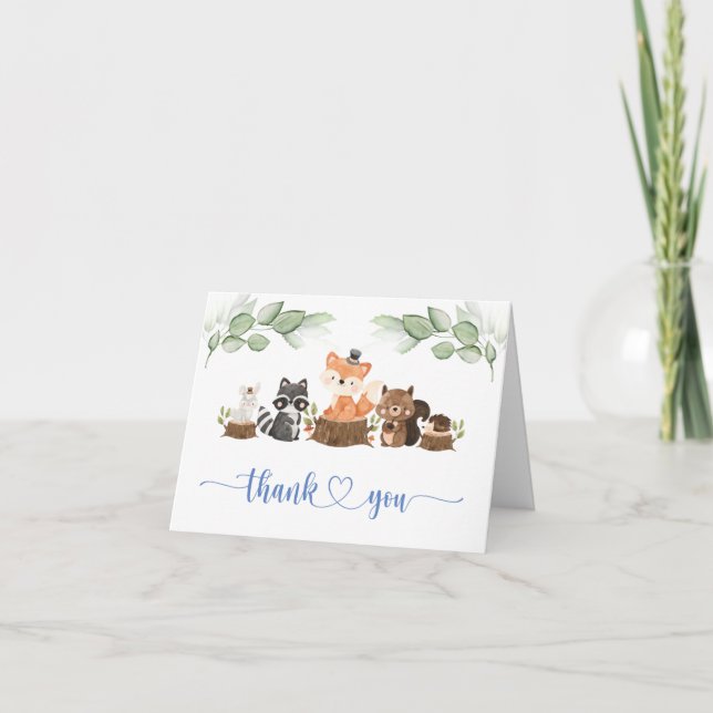Woodland Animal Watercolor Greenery Baby Shower Thank You Card (Front)