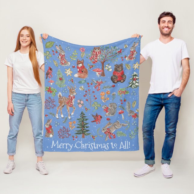 Woodland Animal Winter Blue Christmas Forest Fleece Blanket (In Situ)