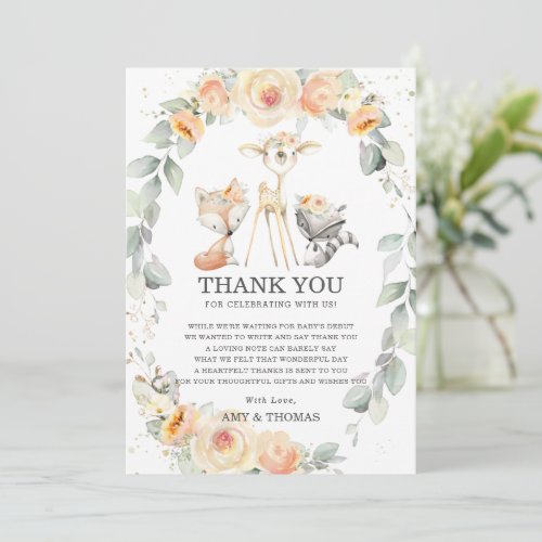 Woodland Animal Yellow Floral Greenery Baby Shower Thank You Card