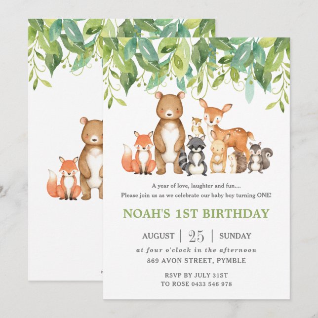 Woodland Animals 1st Birthday Forest Greenery Boy Invitation (Front/Back)