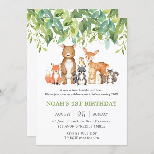 Woodland Animals 1st Birthday Forest Greenery Boy Invitation