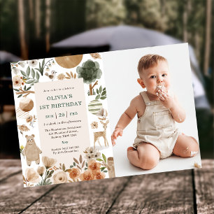 Woodland Animals 1st Birthday Party Invitation