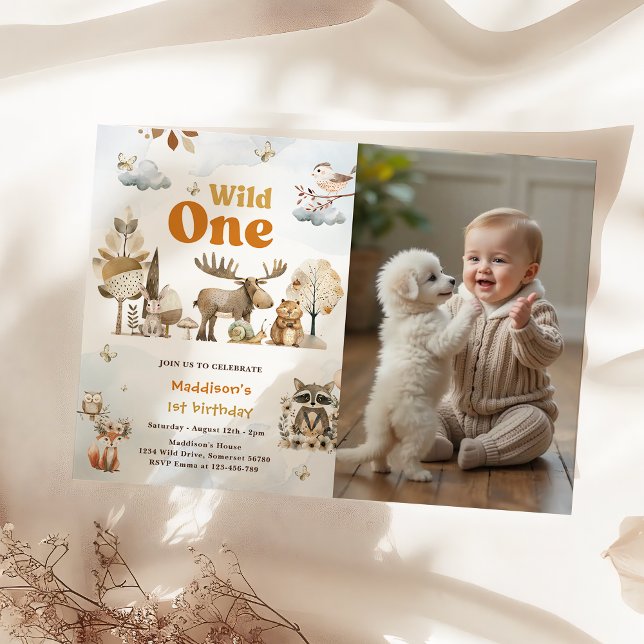 Woodland Animals 1st Birthday Party Photo  Invitation (Creator Uploaded)