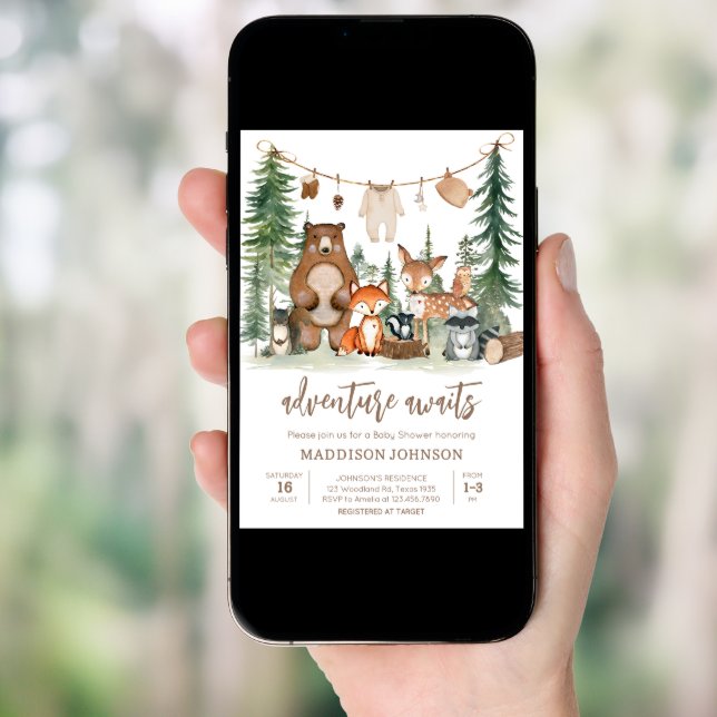 Woodland Animals Adventure Awaits Baby Shower  Invitation (Front Digital)