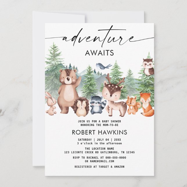 Woodland Animals Adventure Awaits Baby Shower Invitation (Front)