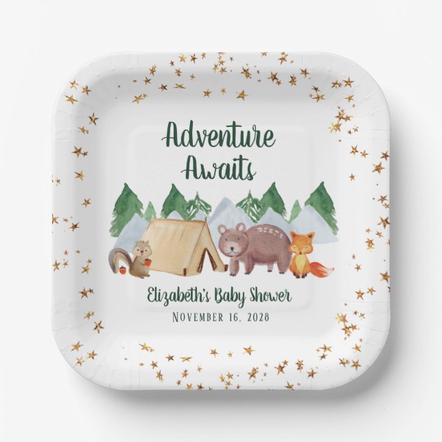 Woodland Animals Adventure Awaits Baby Shower Paper Plates (Front)