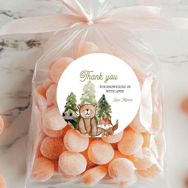 Woodland Animals Adventure Baby Shower Thank You Classic Round Sticker (Creator Uploaded)