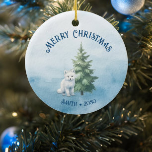 Woodland Animals and Arctic Fox Blue Christmas Ceramic Ornament