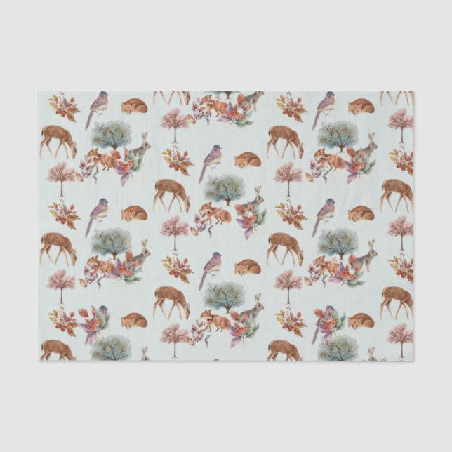 Woodland Animals and Birds Gray Green Background  Tissue Paper (Front)