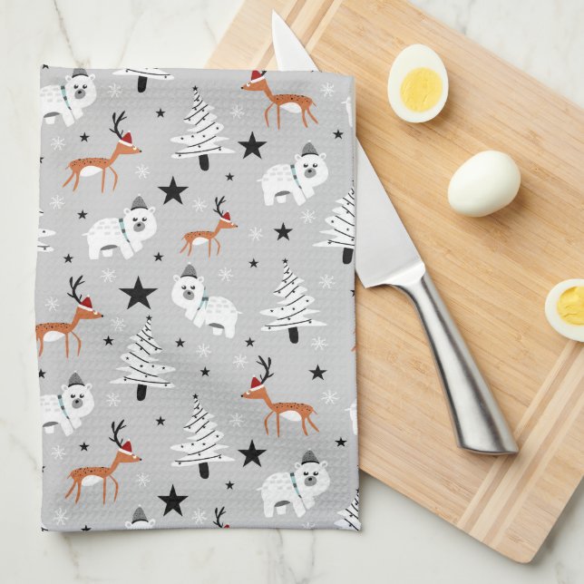 Woodland Animals and Christmas Trees  Kitchen Towel (Quarter Fold)