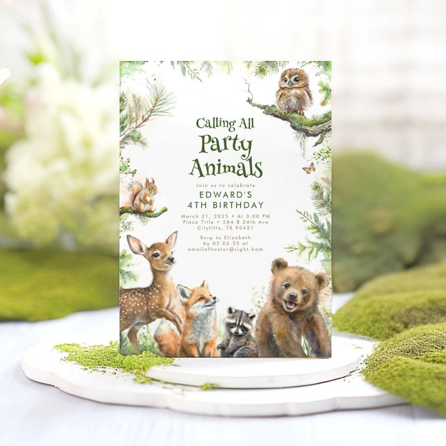 Woodland Animals and Greenery Cute Kids Birthday Invitation (Calling All Party Animals - Cute and Fun Woodland Animals Themed Birthday Invitations)