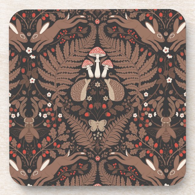 Woodland animals and plants in red and brown beverage coaster (Front)