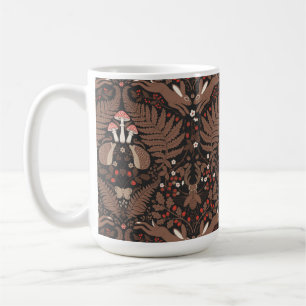 Woodland animals and plants in red and brown coffee mug