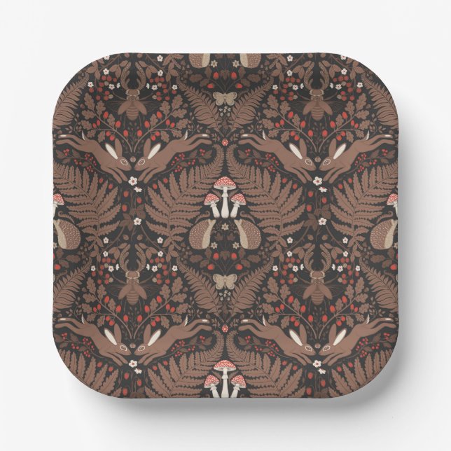 Woodland animals and plants in red and brown paper plates (Front)