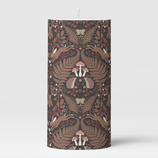 Woodland animals and plants in red and brown pillar candle (Front)
